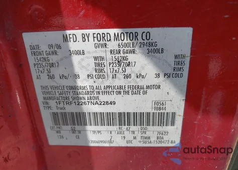 2007 Ford F-150 Stx/Xl/Xlt из США, поврежденный, VIN 1FTRF12267NA22849